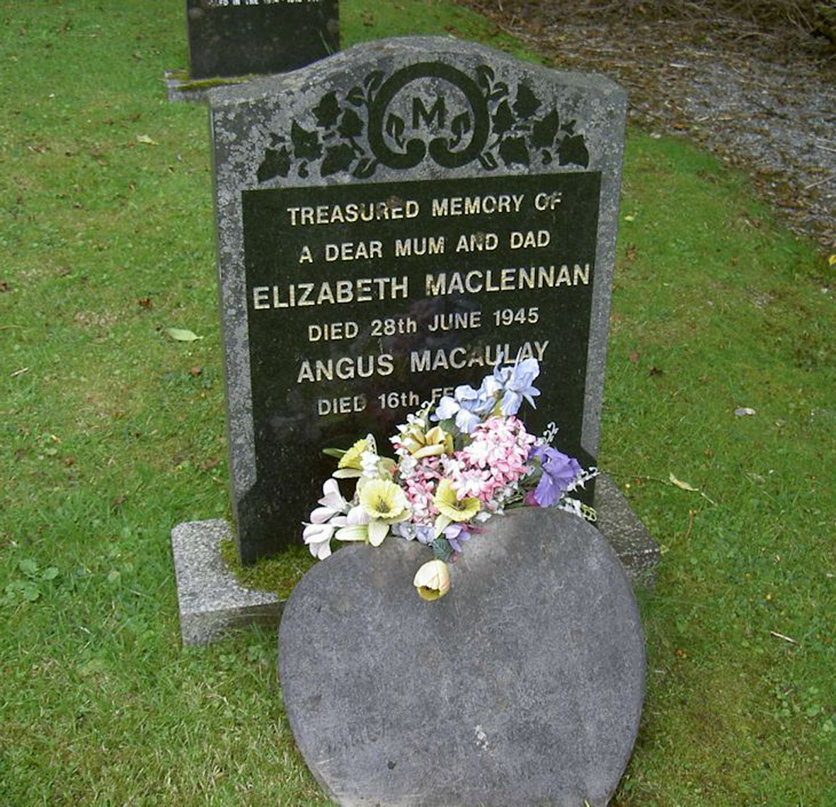 Photo of headstones/Elizabeth MacLennan died 1945 MI Red Point, Glenshiel